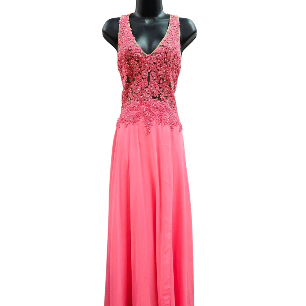 Madison James Coral Pink Beaded Lace Prom Gown‎ Open Back Side Slit Size 12
